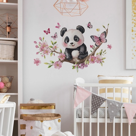 Cartoon Panda Sitting On Cherry Blossom Branch Wall Sticker Pink Butterfly Floral Removable PVC Decal For Kids Room Nursery