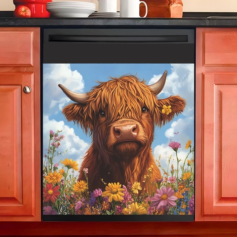 Hochlandrind Wildblumen Wandtattoo PVC Selbstklebend Dekor Für Geschirrspüler Küche Wohnzimmer Schlafzimmer 34x34cm Dekor