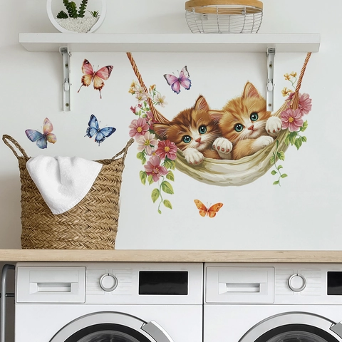Cute Cats In Hammock Wall Sticker With Butterfly Flower Self Adhesive PVC Mural Decal For Bedroom Living Room Home Decoration