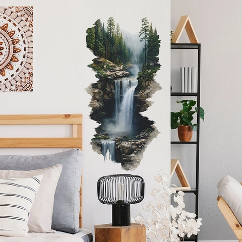 Pegatina de Pared de Paisaje de Bosque y Cascada 3D Autoadhesiva de PVC Mural de Naturaleza para Sala de Estar Dormitorio Hogar