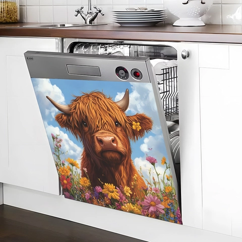 Hochlandrind Wildblumen Wandtattoo PVC Selbstklebend Dekor Für Geschirrspüler Küche Wohnzimmer Schlafzimmer 34x34cm Dekor