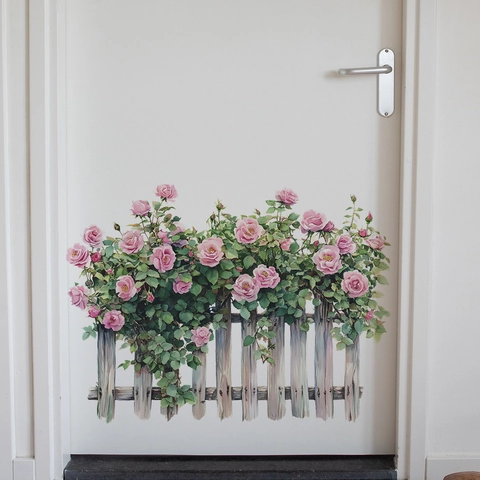 Adesivo da Parete Rosa Fiore Staccionata in Legno Autoadesivo in PVC Decalcomania per Camera da Letto Soggiorno Guardaroba Decorazione Murales