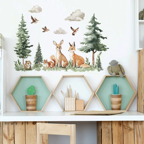 Pegatinas de Pared de Animales del Bosque Nórdico para Guardería Acuarela Ciervo Zorro Ardilla Pino Calcomanía de Pared de PVC Extraíble