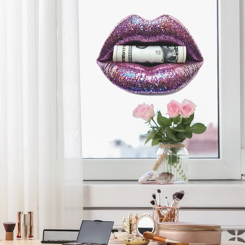 Adesivo Da Parete Labbra Glitter Viola Che Mordono Banconota PVC Autoadesivo Pop Art Per Decorazione Casa Soggiorno Camera