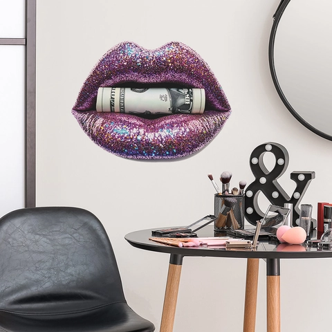 Adesivo Da Parete Labbra Glitter Viola Che Mordono Banconota PVC Autoadesivo Pop Art Per Decorazione Casa Soggiorno Camera