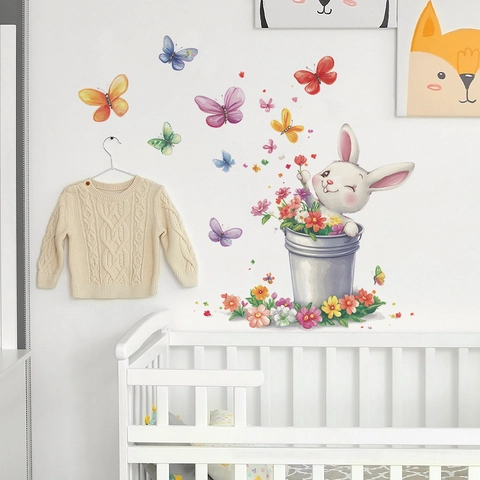 Cartoon Hase Schmetterling Wandaufkleber Abnehmbare PVC Blumen Dekor Für Kinderzimmer Wohnzimmer Deko