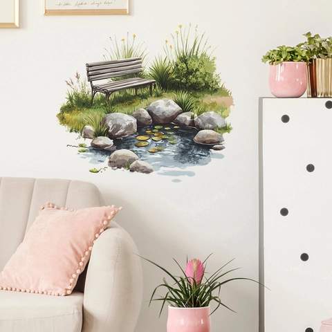 Watercolor Nature Garden Pond Bench Landscape Wall Sticker PVC Self Adhesive Removable Home Decor Living Room Wall Decal