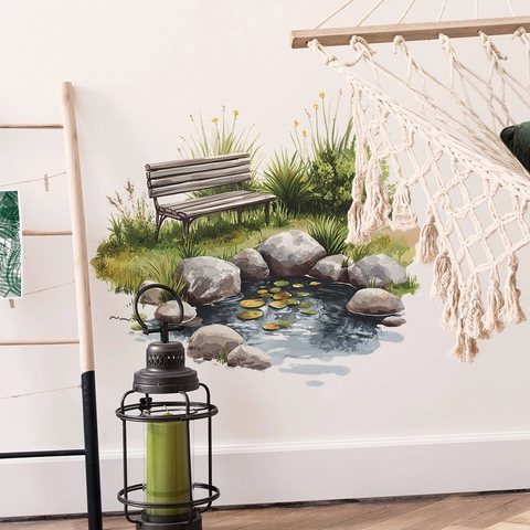 Watercolor Nature Garden Pond Bench Landscape Wall Sticker PVC Self Adhesive Removable Home Decor Living Room Wall Decal