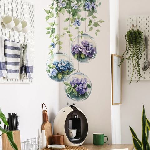 Pegatinas De Pared De Hortensias En Acuarela Bola Colgante Enredadera Verde Calcomanías De PVC Adhesivas Para Dormitorio