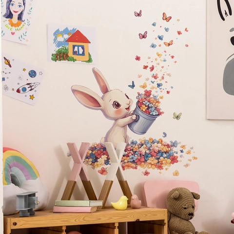 Adesivi Murali Coniglio Cartone Animato Fiori Farfalle Decalcomanie Adesive In Vinile Per Cameretta Bambini Soggiorno Casa