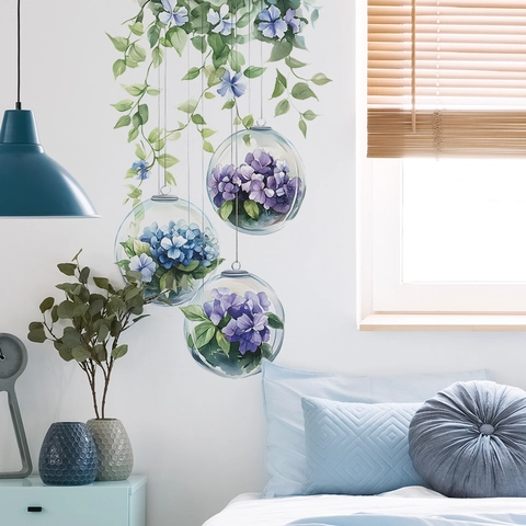 Pegatinas De Pared De Hortensias En Acuarela Bola Colgante Enredadera Verde Calcomanías De PVC Adhesivas Para Dormitorio