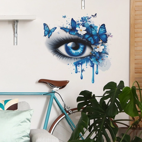 Adesivo da Parete Artistico con Occhio che Piange e Farfalle Blu Moderno Decalcomania Floreale in PVC per Soggiorno Camera da Letto