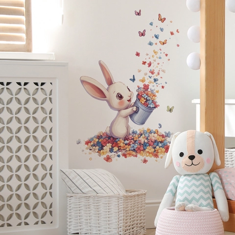 Adesivi Murali Coniglio Cartone Animato Fiori Farfalle Decalcomanie Adesive In Vinile Per Cameretta Bambini Soggiorno Casa