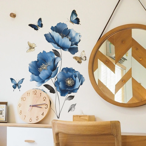 Adesivo da Parete Fiori Blu e Farfalle in PVC Autoadesivo Impermeabile per Camera da Letto Soggiorno Decorazione Casa Moderna