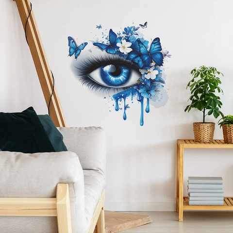 Adesivo da Parete Artistico con Occhio che Piange e Farfalle Blu Moderno Decalcomania Floreale in PVC per Soggiorno Camera da Letto