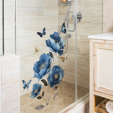Adesivo da Parete Fiori Blu e Farfalle in PVC Autoadesivo Impermeabile per Camera da Letto Soggiorno Decorazione Casa Moderna
