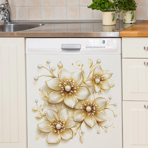 Adesivo da Parete Fiore Visivo 3D Autoadesivo Oro Bianco Floreale Decorazione Mobile Cucina Decalcomania Frigorifero Con Perla
