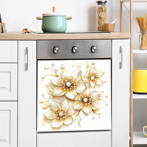 Adesivo da Parete Fiore Visivo 3D Autoadesivo Oro Bianco Floreale Decorazione Mobile Cucina Decalcomania Frigorifero Con Perla