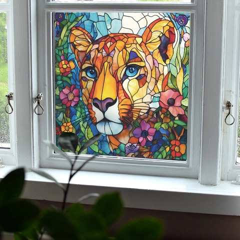 Buntglasstil Bunt Löwenkopf Fensteraufkleber Mosaik Floral Leopard Dekorative PVC Wandtattoo Für Glasoberflächen