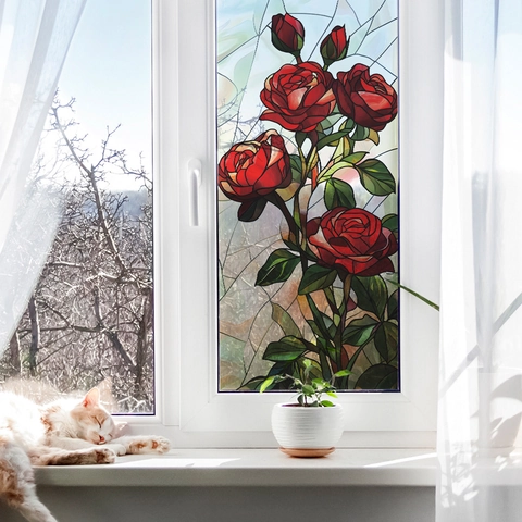 Sticker Mural Rose Effet Vitrail Film de Fenêtre en PVC Autocollant pour Salle de Bain Cuisine Décoration d'Intérieur