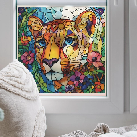 Buntglasstil Bunt Löwenkopf Fensteraufkleber Mosaik Floral Leopard Dekorative PVC Wandtattoo Für Glasoberflächen