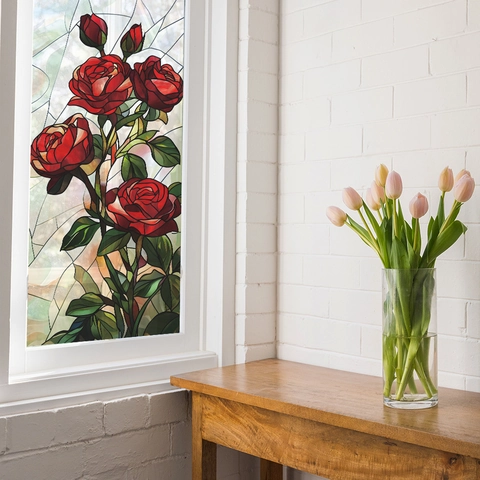 Sticker Mural Rose Effet Vitrail Film de Fenêtre en PVC Autocollant pour Salle de Bain Cuisine Décoration d'Intérieur