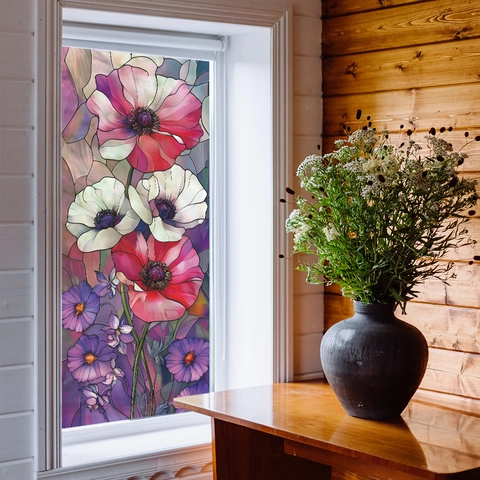 Buntglas-Stil Mohnblume Fensterfolie Selbstklebend PVC Wandtattoo Dekorativ Transluzent Privatsphäre Aufkleber Für Haus Badezimmer Fenster