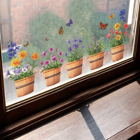 Abnehmbare Topfpflanze Blume Schmetterling Wandaufkleber Wasserdicht PVC Home Decor Aufkleber Für Fenster Glas Küche Bad Deko