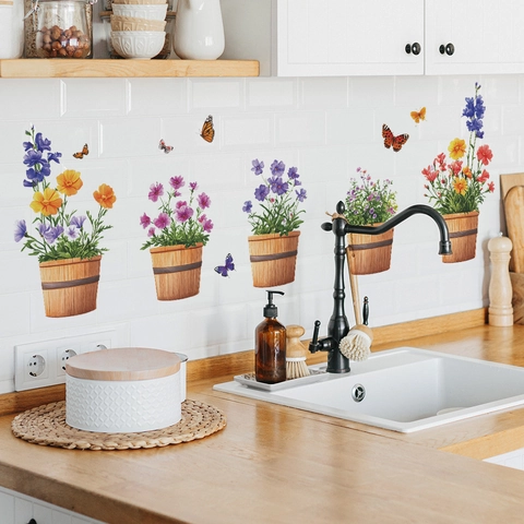 Abnehmbare Topfpflanze Blume Schmetterling Wandaufkleber Wasserdicht PVC Home Decor Aufkleber Für Fenster Glas Küche Bad Deko