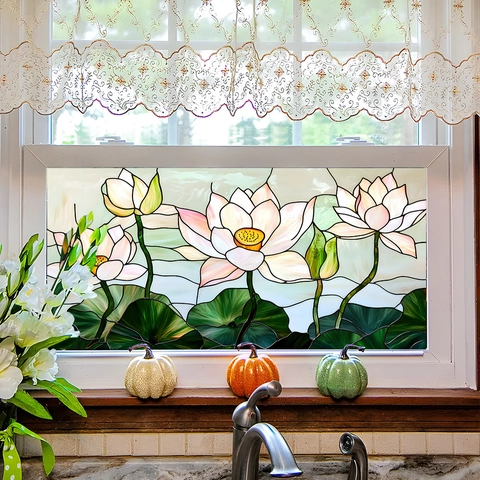 Adesivo da Parete a Forma di Loto Stile Vetro Colorato Pellicola per Finestra in PVC Autoadesiva per Decorazione Artistica