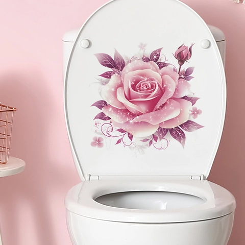 Adhesivo Para Tapa de Inodoro con Rosa Rosa PVC Impermeabile Para Baño El Patrón Floral Añade un Toque Artístico a la Tapa del Baño