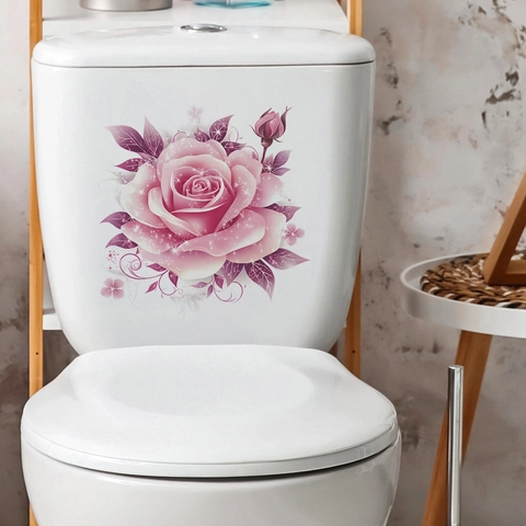 Adhesivo Para Tapa de Inodoro con Rosa Rosa PVC Impermeabile Para Baño El Patrón Floral Añade un Toque Artístico a la Tapa del Baño