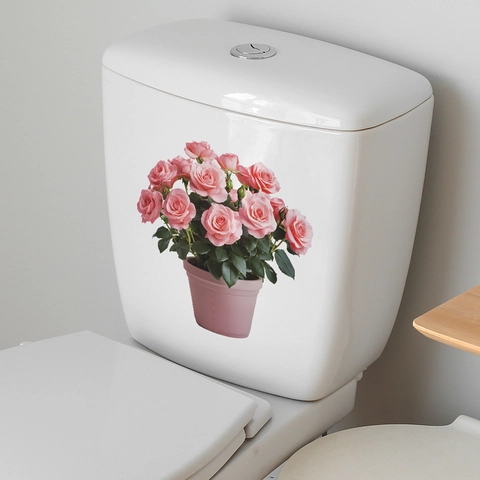 Pegatina de Inodoro de Planta de Rosa Rosa 3D PVC Impermeable Autoadhesiva Decoración de Baño Calcomanía de Pared