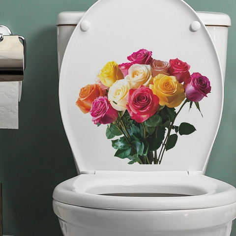 Bunter Realistischer Rosenblumen Toilettendeckel Aufkleber Wasserdichtes PVC Dekor Für Badezimmer Floral Wandkunst Heimtextilien