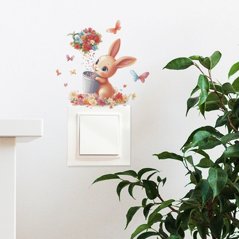 Sticker Mural Lapin de Dessin Animé Fleur PVC Amovible Auto-Adhésif Décalcomanie Interrupteur pour Chambre d'Enfant Salon Décoration
