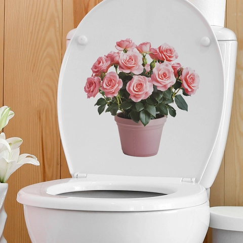 Pegatina de Inodoro de Planta de Rosa Rosa 3D PVC Impermeable Autoadhesiva Decoración de Baño Calcomanía de Pared