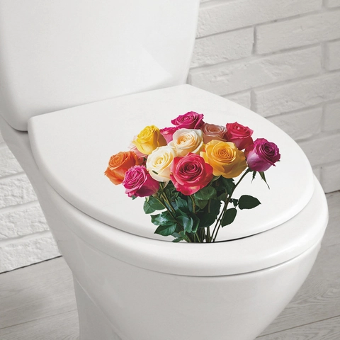 Bunter Realistischer Rosenblumen Toilettendeckel Aufkleber Wasserdichtes PVC Dekor Für Badezimmer Floral Wandkunst Heimtextilien