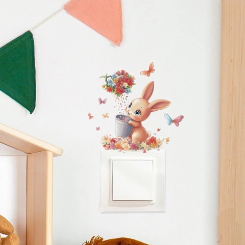Sticker Mural Lapin de Dessin Animé Fleur PVC Amovible Auto-Adhésif Décalcomanie Interrupteur pour Chambre d'Enfant Salon Décoration