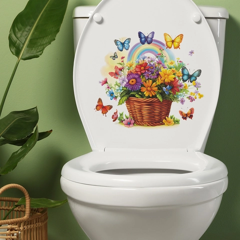 Adesivo per Coperchio del Gabinetto in PVC Impermeabile Con Cesto di Fiori e Farfalle Adesivo Murale per Bagno Decorazione Casa 3D Stile Pastorale