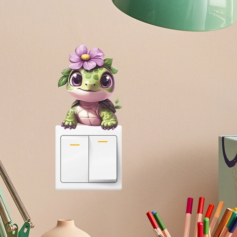 Cute Cartoon Sea Turtle With Flower Light Switch Sticker Decorative PVC Self Adhesive Wall Decal For Kids Room Home Decor