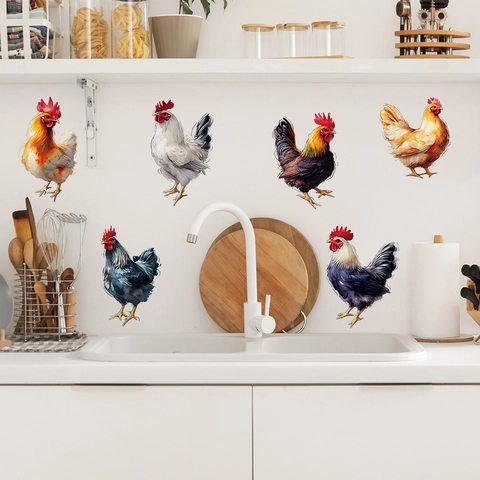 Pastoral Rooster Wall Stickers Waterproof PVC Removable Hen Pattern Decals For Kitchen Dining Room Home Wardrobe Decor
