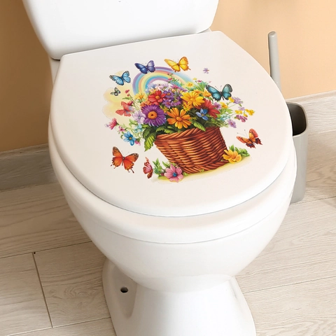 Adesivo per Coperchio del Gabinetto in PVC Impermeabile Con Cesto di Fiori e Farfalle Adesivo Murale per Bagno Decorazione Casa 3D Stile Pastorale