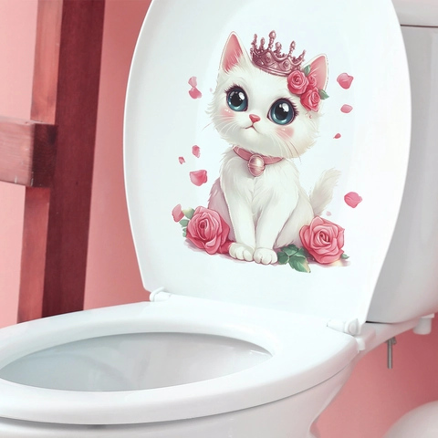 Leuke Cartoon Kat Met Roze Kroon Roos Bloem Toiletbril Sticker Verwijderbare PVC Zelfklevende Badkamer Decoratie Muursticker
