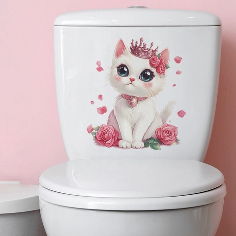 Leuke Cartoon Kat Met Roze Kroon Roos Bloem Toiletbril Sticker Verwijderbare PVC Zelfklevende Badkamer Decoratie Muursticker