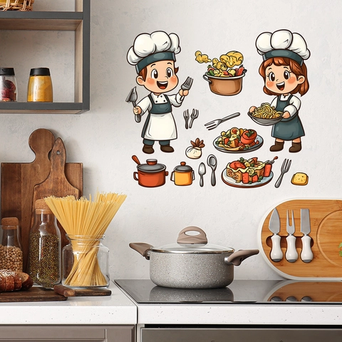 Cartoon Chef Food Kitchen Wall Stickers PVC Self Adhesive Removable Decal For Restaurant Home Dining Room Decor HY-B133