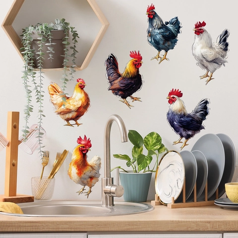 Pastoral Rooster Wall Stickers Waterproof PVC Removable Hen Pattern Decals For Kitchen Dining Room Home Wardrobe Decor