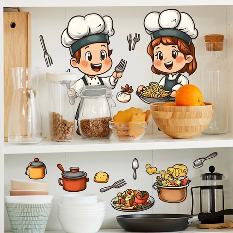 Cartoon Chef Food Kitchen Wall Stickers PVC Self Adhesive Removable Decal For Restaurant Home Dining Room Decor HY-B133