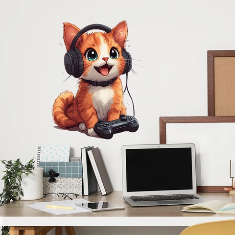Cartoon Gamer Katze Wandaufkleber Mit Kopfhörern Und Controller PVC Selbstklebend Wasserdichtes Wandtattoo Für Gaming Zimmer