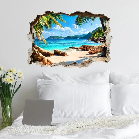 3D Brucheffekt Tropischer Strand Wandtattoo PVC Palmbaum Landschaft Aufkleber Für Wohnzimmer Schlafzimmer Deko