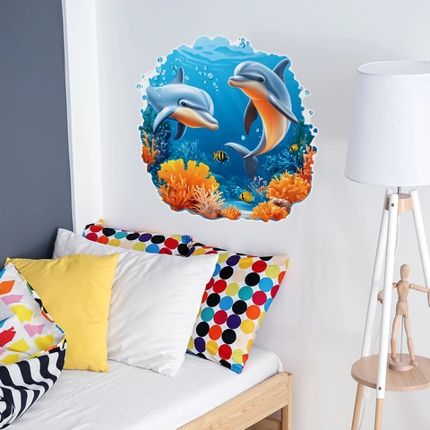 Adesivo da Parete 3D Delfino Mondo Oceanico PVC Autoadesivo Rimovibile Sottomarino Barriera Corallina Per Camera Bambini
